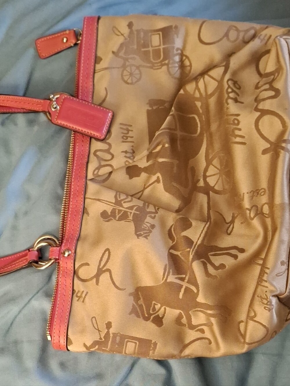 Coach Tan Canvas Shoulder Bag with Pink Trim